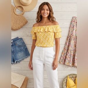 🌸 LOFT Mustard Yellow Floral Off Shoulder Ruffle Blouse | Size S
